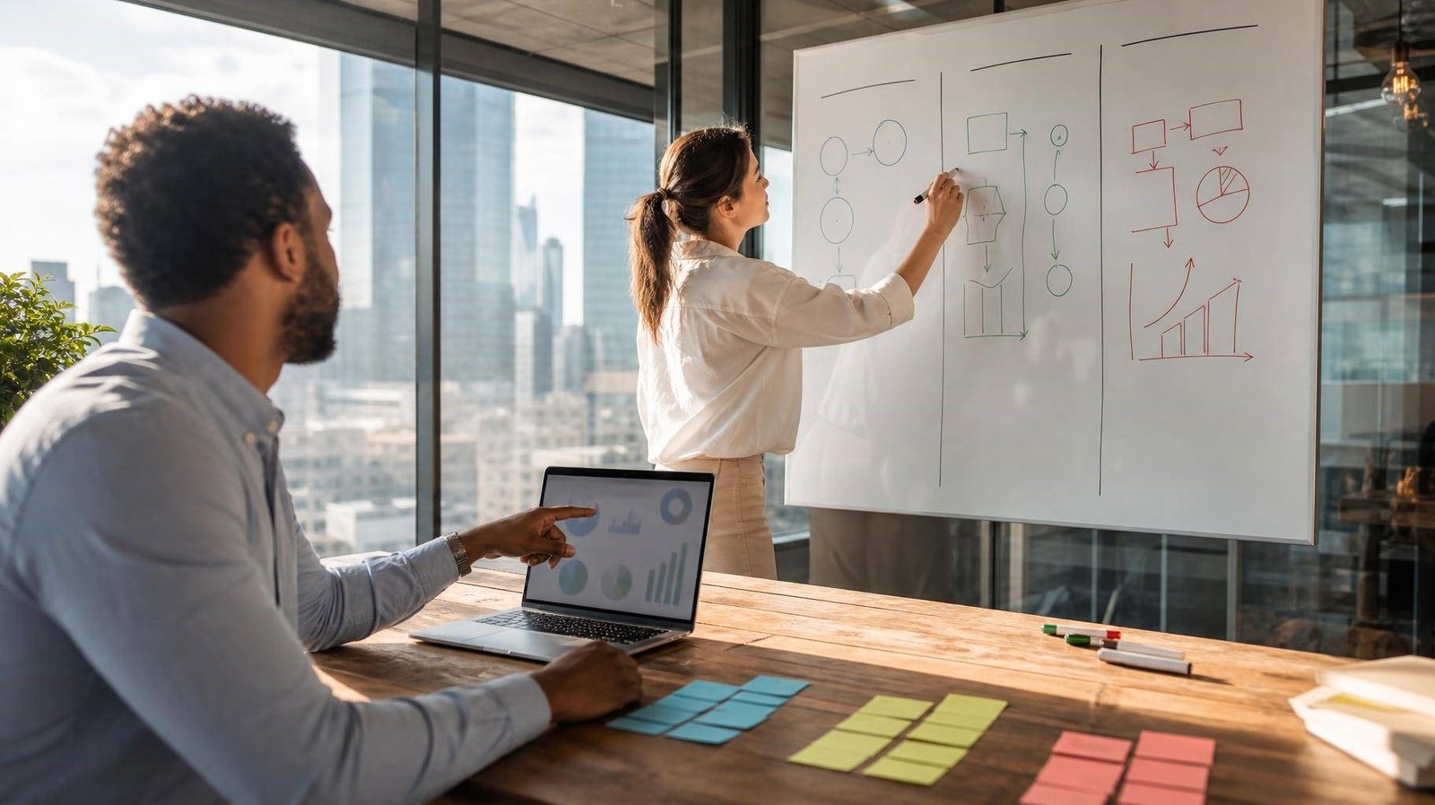 Equipe de marketing digital em escritório moderno colaborando em planejamento estratégico