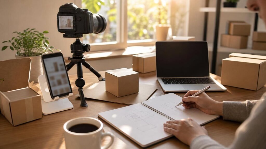 Mesa de home office com equipamentos de ecommerce e empacotamento