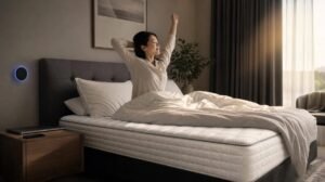 Quarto moderno com colchão premium iluminado pela luz natural